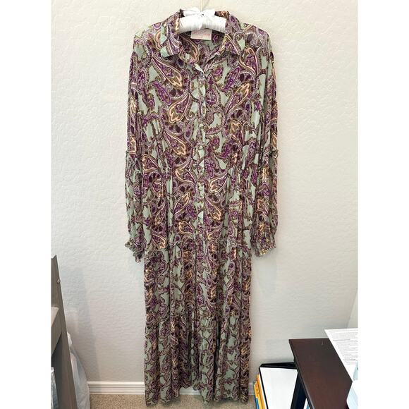 MISS JUNE | Paisley Maxi Dress Button Front Boho Long Sleeve Tiered Maxi | Large - Picture 1 of 7